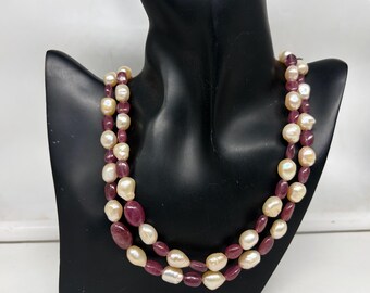 Robijn en parelketting twee regels ovaal effen glad 8 tot 10 mm natuurlijke edelstenen 20 inch sterlingzilveren sieraden cadeau voor haar