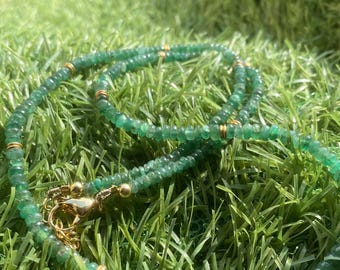Emerald Beaded Necklace | Smooth Round Gemstone Strand | Gold Polished Clasp | Elegant Handmade Jewelry | May Birthstone Necklace Gift