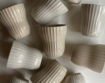 Wavy Ceramic Mug 200ml / 7 Oz , Stoneware, Ceramic Tumblers, No Handle Cups, Ceramic Cup, Coffee Tumblers, Unique Tea Coffee Cup White Beige