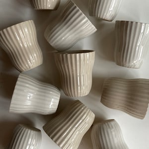 Wavy Ceramic Mug 200ml / 7 Oz , Stoneware, Ceramic Tumblers, No Handle Cups, Ceramic Cup, Coffee Tumblers, Unique Tea Coffee Cup White Beige