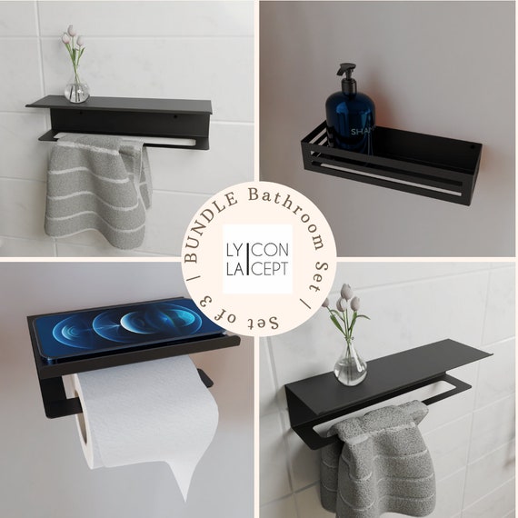 BUNDLE Black Bathroom Set, Set of 3 Bathroom Accessories, Bathroom Towel  Hooks, Toilet Paper Holder With Shelf, Shower Caddy, Towel Rack 