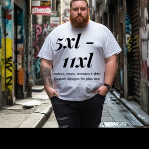 May include: A person wearing a white t-shirt with the text "5xl - 11xl" and the words "unisex, mens, womens t-shirt Custom designs for plus size". The person is standing in a narrow alleyway with graffiti on the walls.
