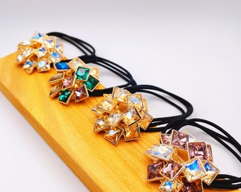 Multi Color Crystal Hair Elastic Set, 2 pieces, Blossom Hair Elastic, Crystal Gemstone Hair Ties, Bridemaids Accessories, Flower Hair Ties