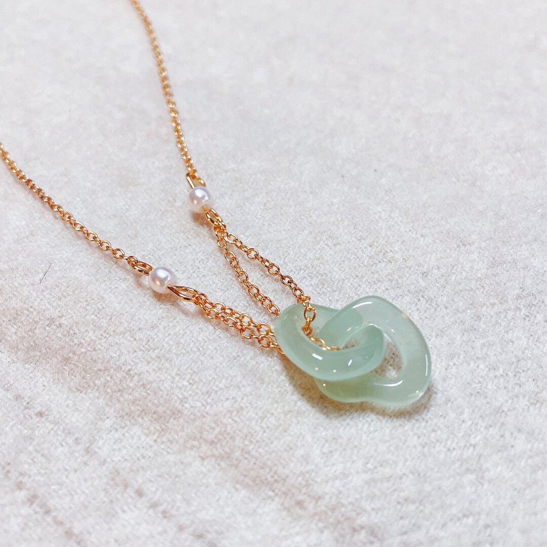 Double Heart Necklace for Women, 14K Gold Jade Necklace, Jade Heart