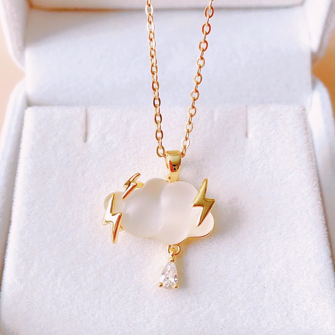 Gold Cloud Necklace, Raindrop Necklace, Muted CZ Stone Raindrop