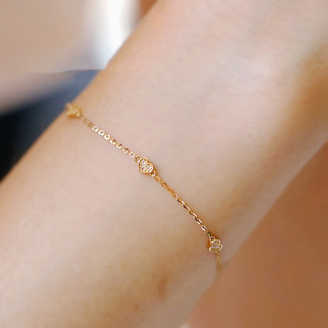 14K Gold Three Hearts Bracelet, Dainty Gold Heart Bracelet, Gold Charm