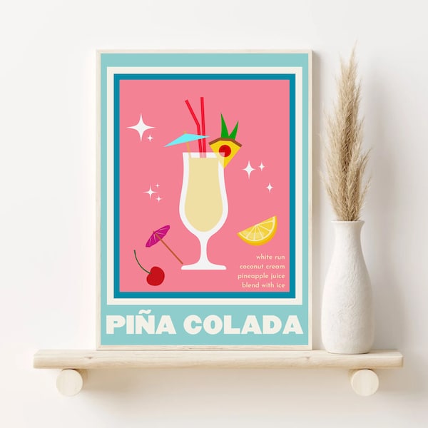 Pina Colada Wall Art, Trendy Retro Wall Art Cocktail Prints Gallery Wall Retro Cocktail Prints, Trendy Poster,Trendy Retro Groovy Wall Art