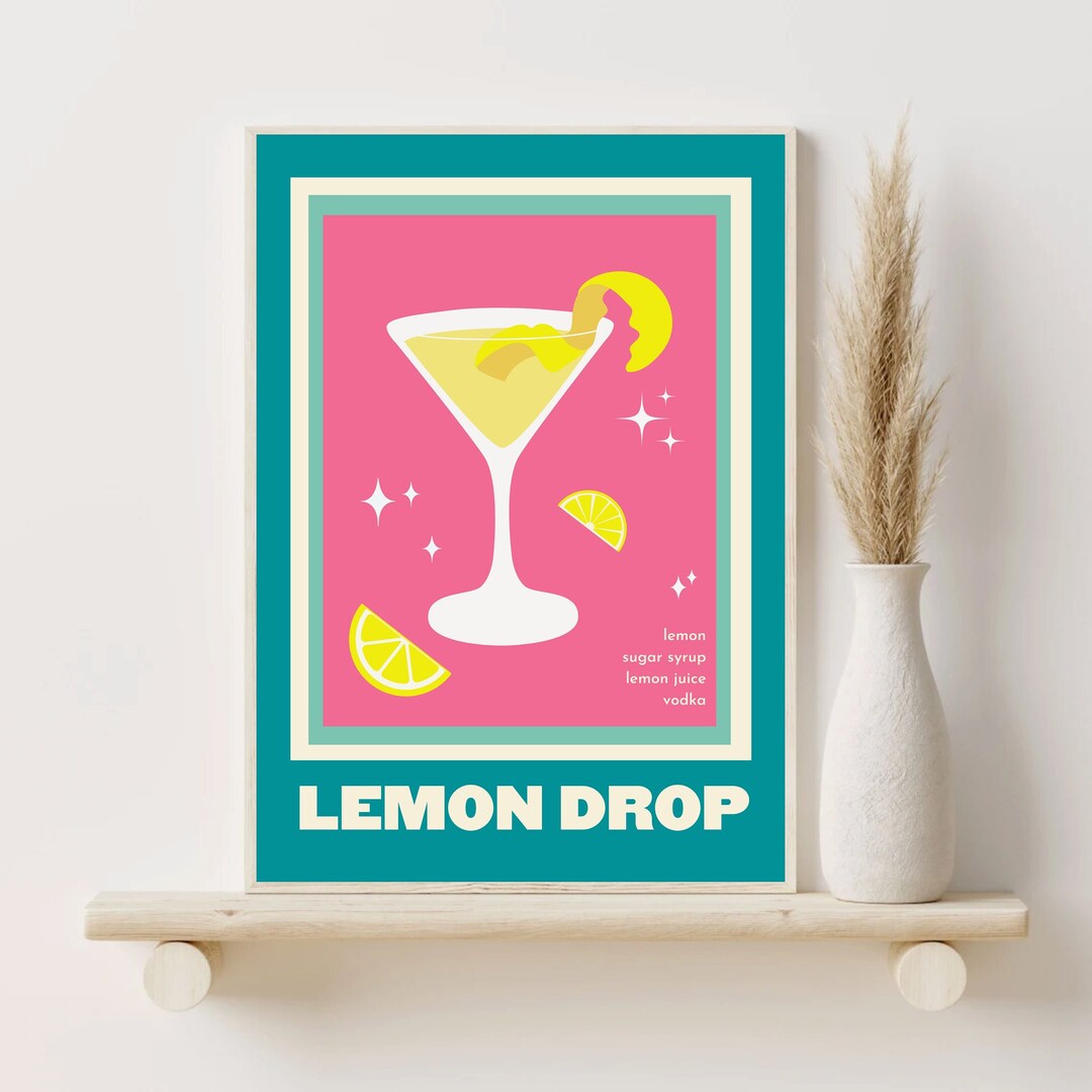 Lemon Drop Wall Art, Retro Cocktail Prints, Trendy Retro Wall Art ...