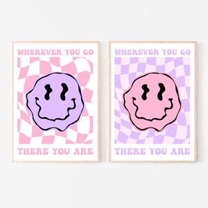 Cartel de cara sonriente, cartel groovy, arte de pared rosa preppy, decoración de pared Y2k, decoración pastel danesa, arte de pared de cara sonriente, decoración de la generación Z, cartel de los años 70