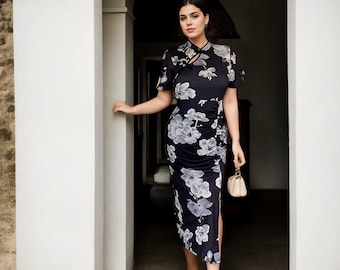 Cherie Plus size zwarte moderne bloemen cheongsam qipao chinese mandarijn oosterse moeder van de bruid bruidegom semi-formele cocktail dinerjurk