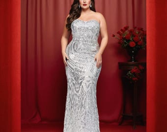Plus Size Silver Sequin Gown: Formal Bodycon Evening Dress