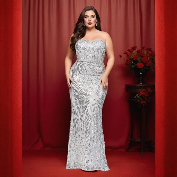 Plus Size Silver Sequin Gown: Formal Bodycon Evening Dress - Etsy New  Zealand