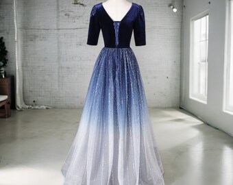 Dania Plus Size Black Navy Blue Fairytale Romantic Gradient Ombre Mother of The Bride Groom Prom Formal Party Evening Short Sleeve Gown