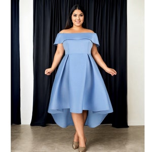 pale blue bardot dress Light blue long guest dress with draped bardot neckline
