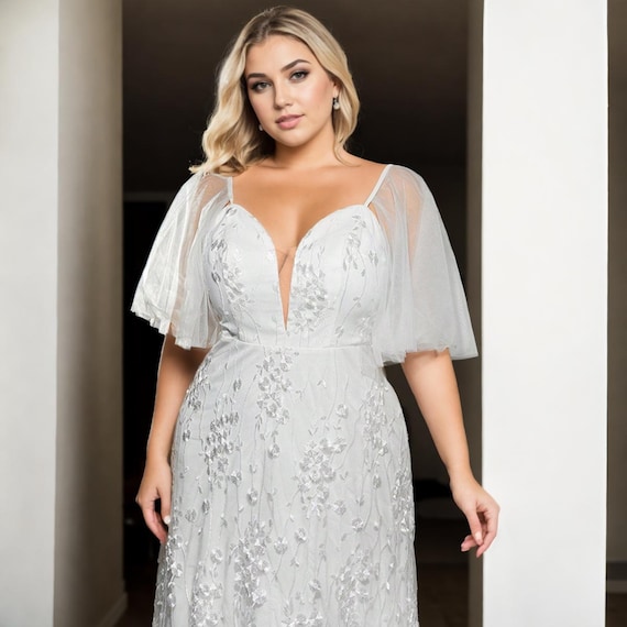 Plus Size White Floral Lace Wedding Dress: Deep V Neck Angel Sleeve Gown