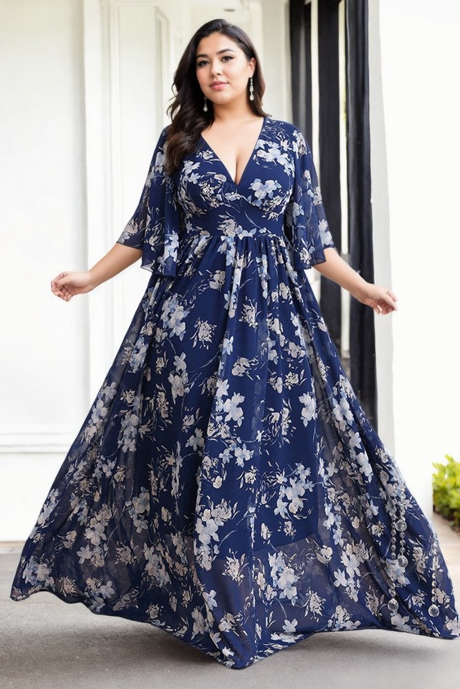 Plus Size Navy Floral Maxi Dress: V-Neck Wedding Guest Gown Plus Size Navy Floral Maxi Dress: V-Neck Wedding Guest Gown