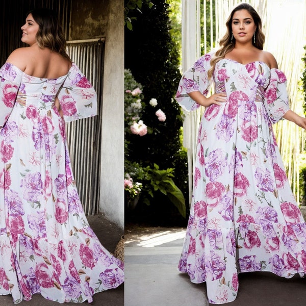 Katalina Plus Size Mother of the Bride Groom Champagne Pink Floral Off Shoulder Modest Prom Formal Party Evening Dress Short Sleeve Gown