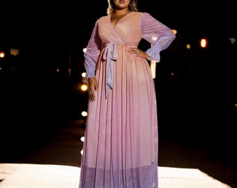 Plus Size Rainbow Fade Ombre Formal Dress: Wrap V Neck Long Sleeve A-Line Evening Gown
