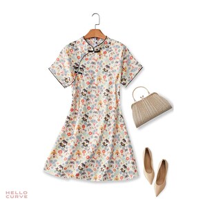 Plus Size Modern Cute Japanese Hachiko Dog Print Mod Preppy Qipao Cheongsam Chinese Mandarin Oriental Cocktail Formal Wedding Guest Dress