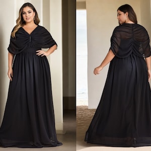 Kira Plus Size Mother of the Bride Groom Cape Black Classy Covered Mature Simple Modest Prom Formal Party Evening Dress Short Sleeve Gown