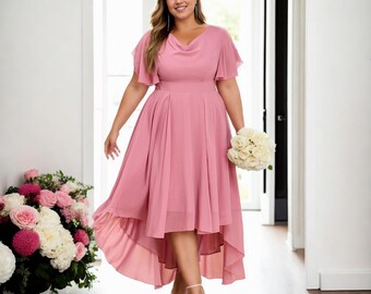 Plus Size Chiffon Cowl Neck Dress: Pastel Pink Blue Wedding Guest