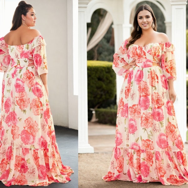Mallory Plus Size Mother of the Bride Groom Champagne Pink Floral Off Shoulder Modest Prom Formal Party Evening Dress Short Sleeve Gown