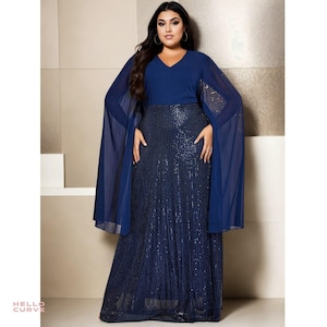 Plus Size Navy Blue Mother of The Bride Groom Cape V Neck Long Sleeve Chiffon Sequins Bodycon Classy Formal Prom Party Formal Dress Gown