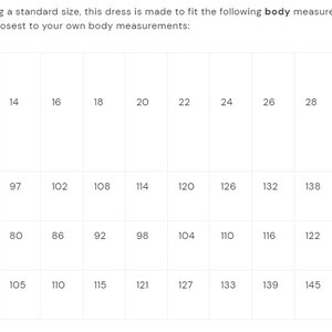 May include: A size chart for a dress, showing measurements in inches and centimeters for bust, waist, and hips. The chart includes sizes 12 to 32.
