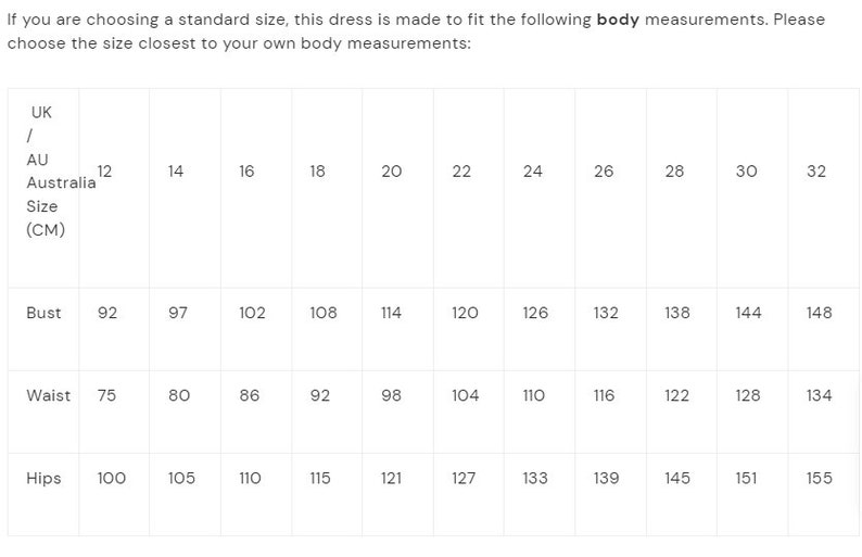 May include: A size chart for a dress, showing measurements in inches and centimeters for bust, waist, and hips. The chart includes sizes 12 to 32.
