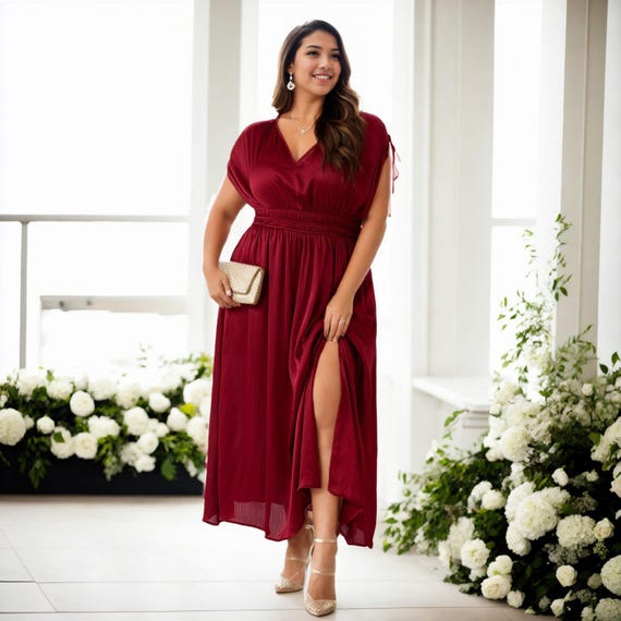 Plus Size Maroon Maxi Dress: V-Neck Grecian Bohemian Gown