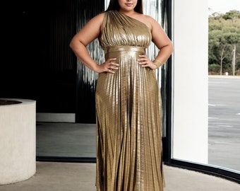 Plus Size Metallic Gold Pleated Gown: Single Shoulder Toga Prom Dress