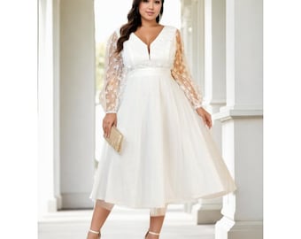 Plus Size White Midi Dress: V-Neck Tulle Skirt, 3D Flower Sleeves Plus Size White Midi Dress: V-Neck Tulle Skirt, 3D Flower Sleeves