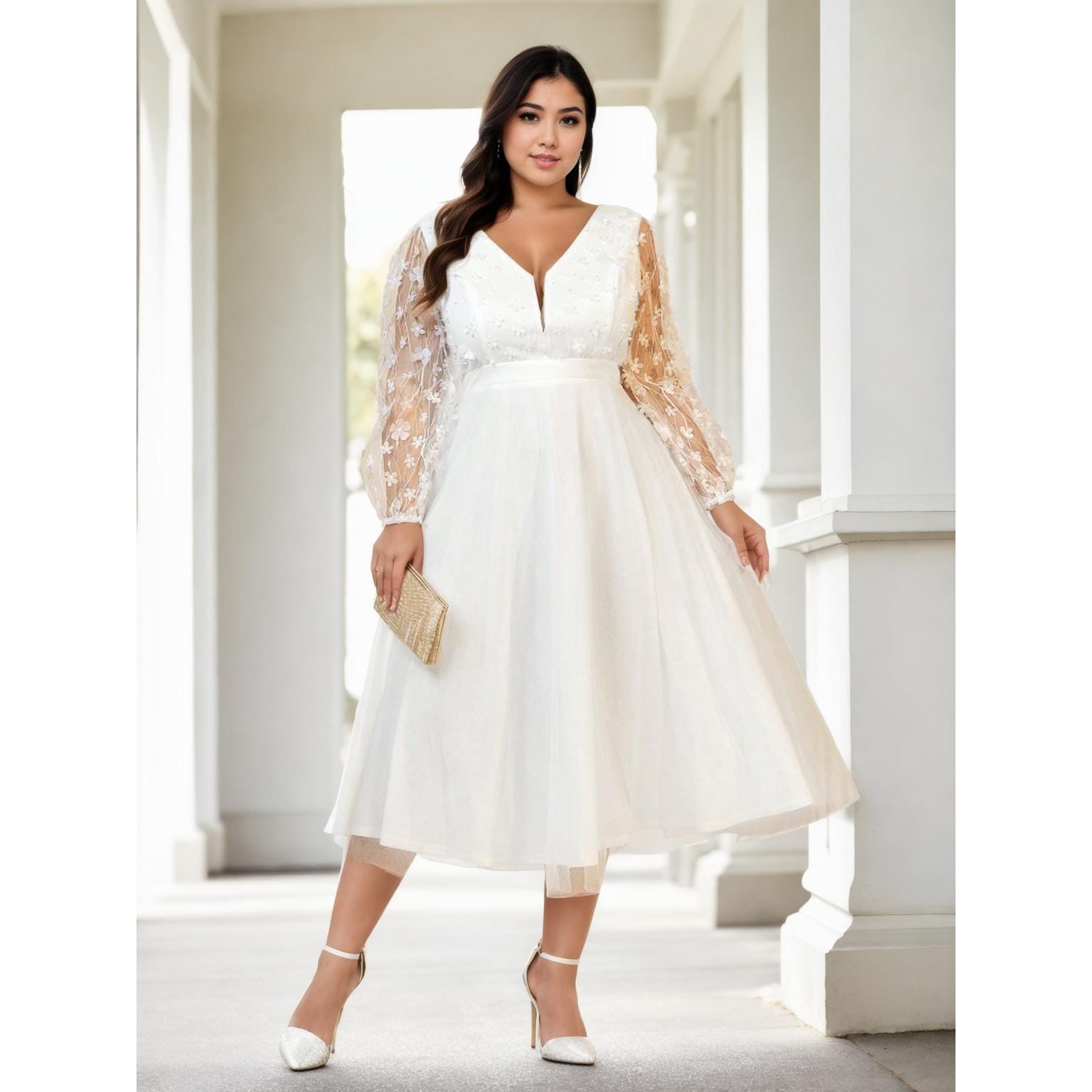 Plus Size White Midi Dress: V-Neck Tulle Skirt, 3D Flower Sleeves