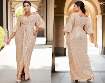 Emely Plus Size Mother of the Bride Groom Modest Wrap Off Shoulder Gold Sequins Wedding Guest Formal Party Evening Dress With Sleeve Gown