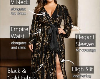 Caroline Plus Size Black Tie Gold Wrap V Neck Empire Waist Occasion Prom Formal Party Mother of the Bride Evening Dress Long Sleeve Gown