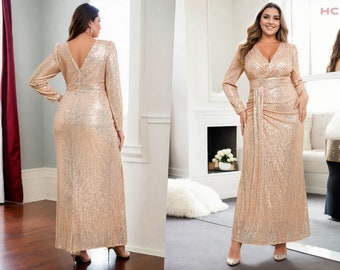 Remi Plus Size Mother of the Bride Groom Wrap V Neck Drape Gold Classy Sequins Wedding Guest Formal Party Evening Dress Long Sleeve Gown