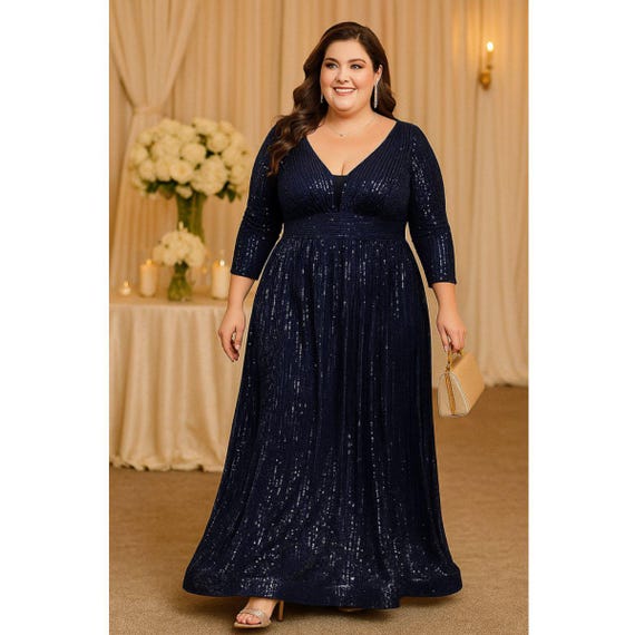 navy blue and gold dress plus size Plus Szie Sequin Evening Maxi Dress with Illusion Neckline main image 1