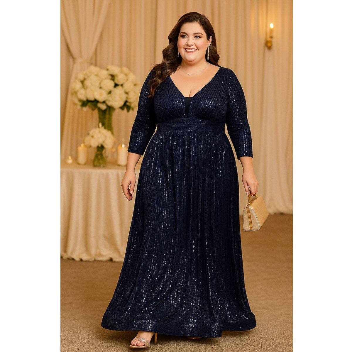 eric plus size all evening dresses Long Sleeve Cross Over Floor-Length Evening Dress