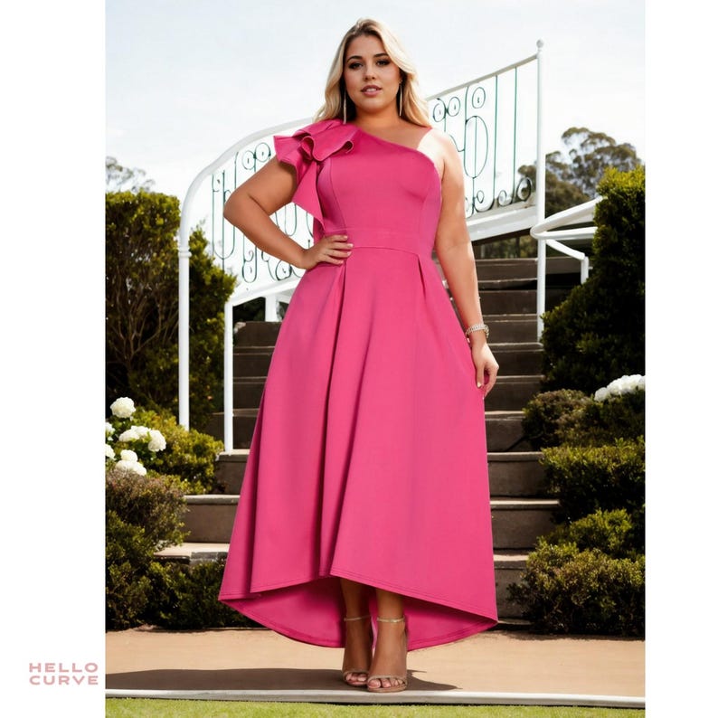 Plus Size Hot Fuchsia Pink One Shoulder Classy Race Day Mother of the
