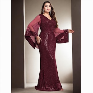 Thérèse Plus Size Mutter der Braut Bräutigam V-Ausschnitt Arabische Saudi Anlass Wear Prom formelle Party Abendkleid Flare Weites Langarm Kleid