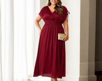 Plus Size Maroon Maxi Dress: V-Neck Grecian Bohemian Gown