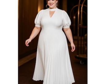 Celia Plus Size Mother of the Bride Groom White Black Brown Pleats Short Sleeve French Classy Elegant Semi-Formal Formal Prom Evening Dress
