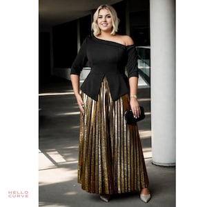 Plus Size Mother of The Bride Groom Black Formal Blouse Gold Maxi Skirt Classy Modern Wedding Guest Birthday Prom Party Evening Dress Gown