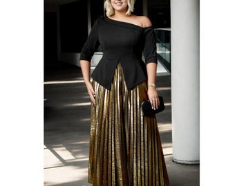 Plus Size Guldfärgad Maxikjol & Peplumblus: Modern Klänning för Bröllopsgäster