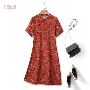 Plus Size Modern Casual Ditsy Floral Qipao Cheongsam Red Chinese Frog Buttons Mandarin Collar Oriental Cocktail Wedding Guest Dress