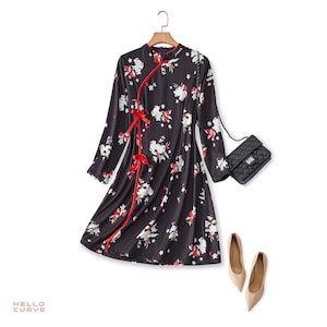 Plus Size Black Floral A Line Long Sleeve Modern Mother of the Bride Groom Lunch Tea Wedding Semi Formal Party Chinese Qipao Cheongsam Dress