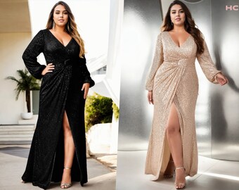 Alia Plus Size Mother of the Bride Groom Wrap V Neck Black Gold Classy Sequins Wedding Guest Formal Party Evening Dress Long Sleeve Gown