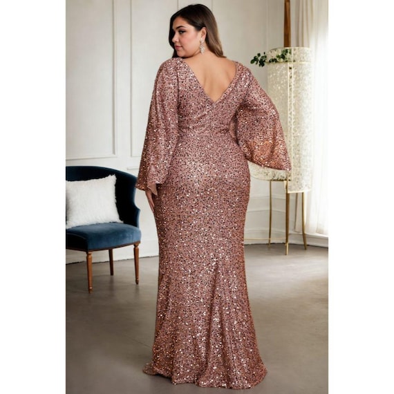 Plus Size Mother of the Bride Groom Prom Occasion Brown Gold Sequin Gown: V Neck Grecian Drape Flare Long Sleeve Formal Evening Dress Plus Size Mother of the Bride Groom Prom Occasion Brown Gold Sequin Gown: V Neck Grecian Drape Flare Long Sleeve Formal Evening Dress
