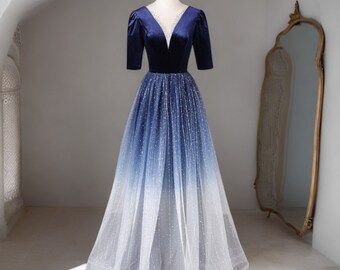 strapless open back dress Dark blue tulle sequin long prom dress, tulle evening dress – shdress