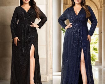 Salomé Plus Size Mother of the Bride Groom Modest Wrap V Neck Black Blue Sequins Wedding Guest Formal Party Evening Dress Long Sleeve Gown